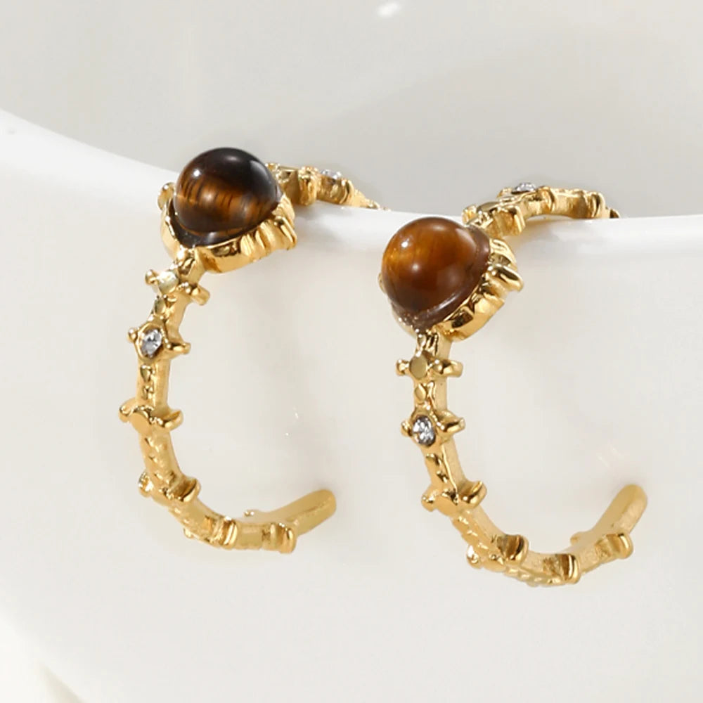 YACHAN 18K Gold Plated Stainless Steel Hoop Earrings for Women Amber Natural Stone Crystal Irregular Earring Trendy Jewelry Gift