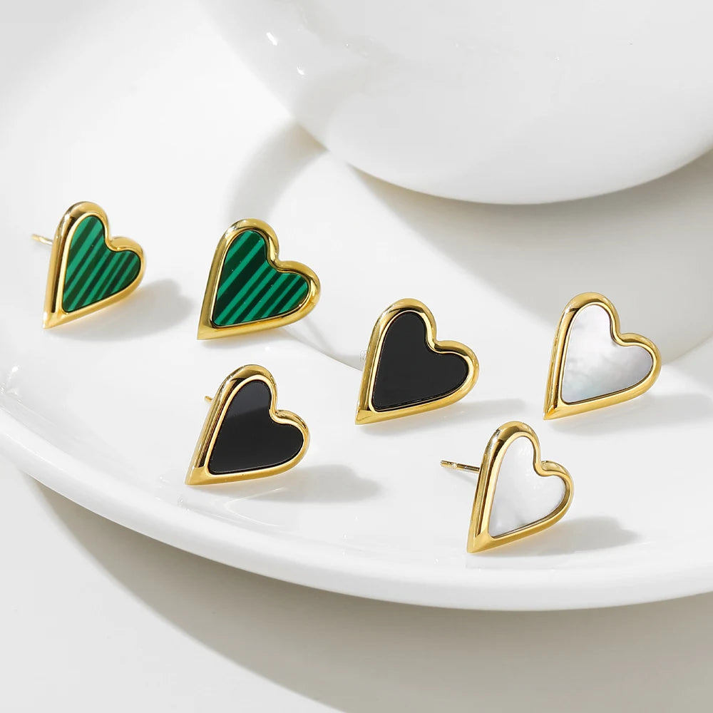 YACHAN Korean Heart Stainless Steel Stud Earrings Vintage Green Natural Stone Romantic Cute Jewelry for Women