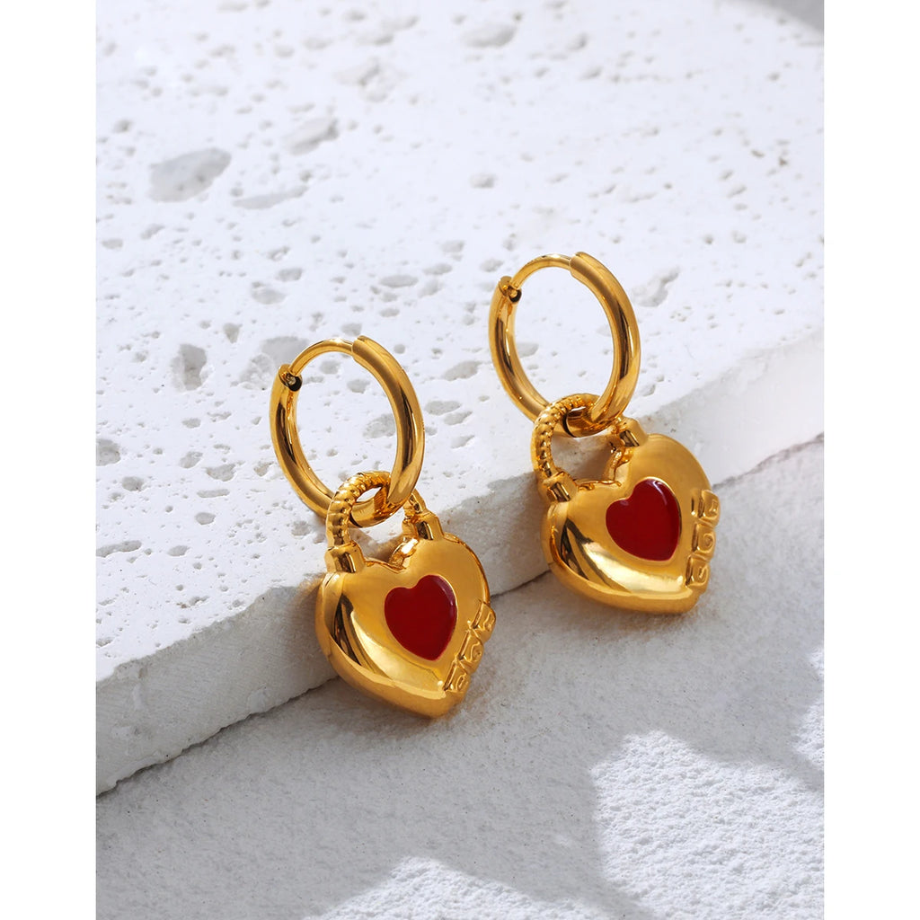 YACHAN Trendy 18K Gold Plated Stainless Steel Hoop Earrings for Women Red Enamel Heart Exquisite Chic Cute Jewelry