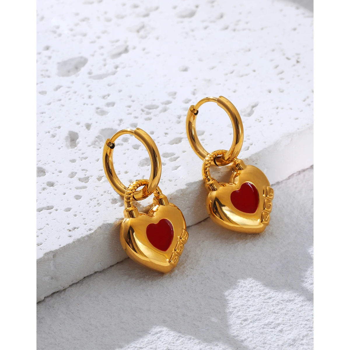 YACHAN Trendy 18K Gold Plated Stainless Steel Hoop Earrings for Women Red Enamel Heart Exquisite Chic Cute Jewelry