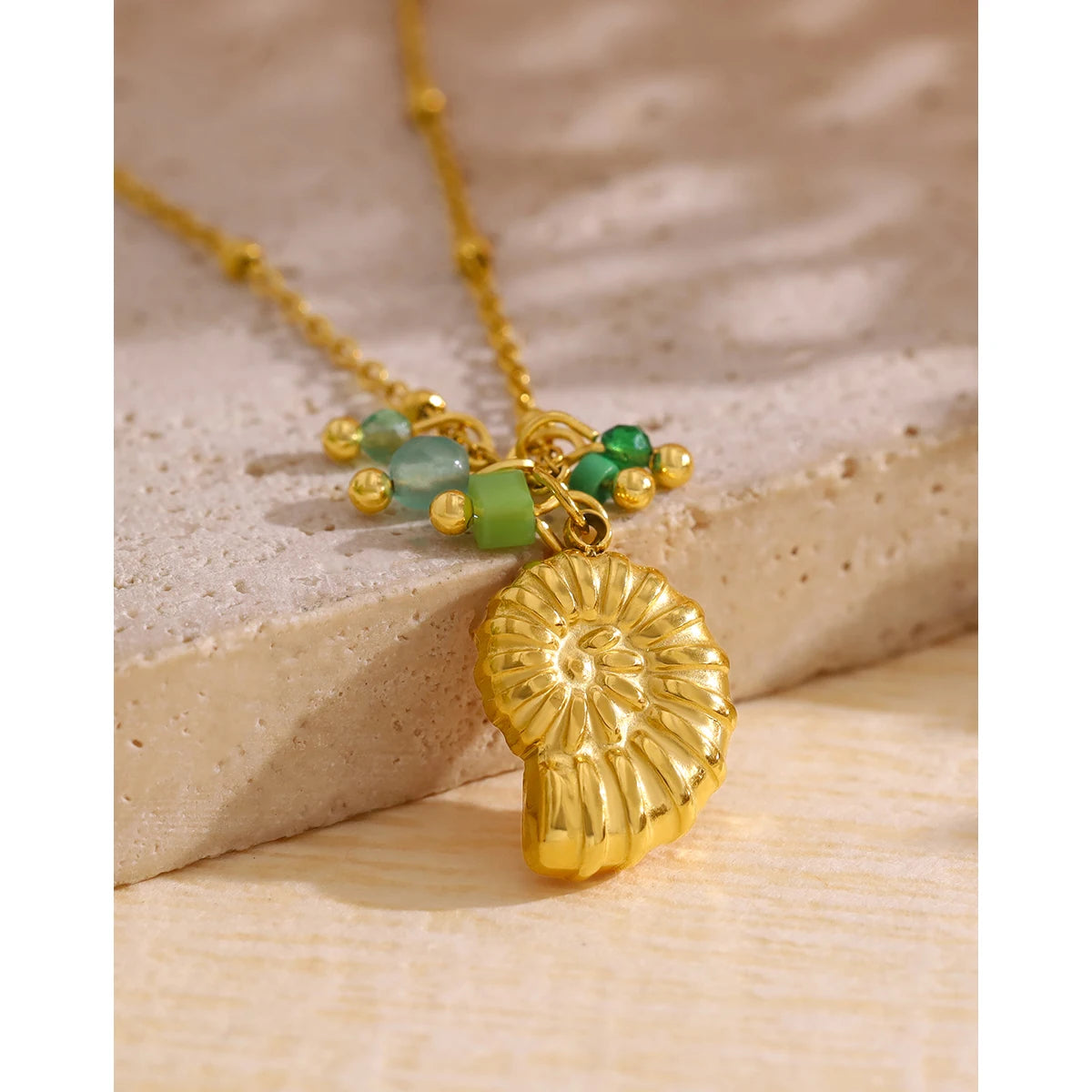 YACHAN Stainless Steel Conch Pendant Necklace for Women Exquisite Green Charms 18K Gold Plated Waterproof Jewelry