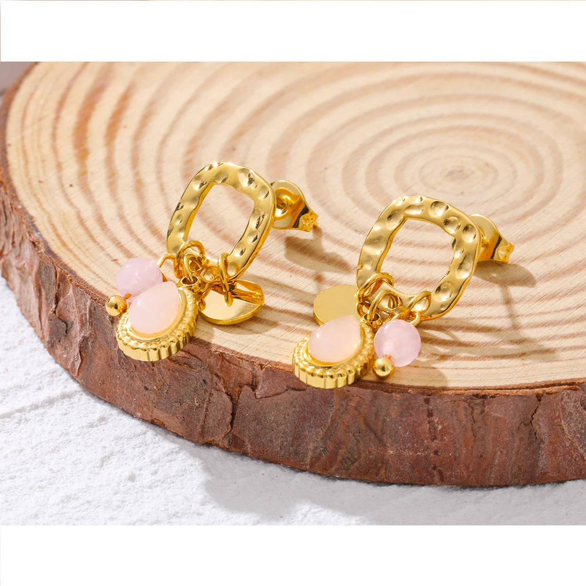 YACHAN 18K Gold Plated Stainless Steel Natural Stone Drop Earrings for Women Chic Cute Pink Charms Tarnish Free Jewelry