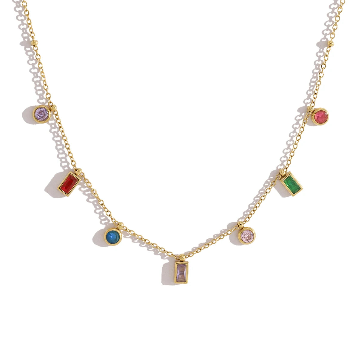 YACHAN Colorful Zircon Crystal Charm Stainless Steel Necklace for Women Chic Luxury Vintage 18K Gold Plated Jewelry