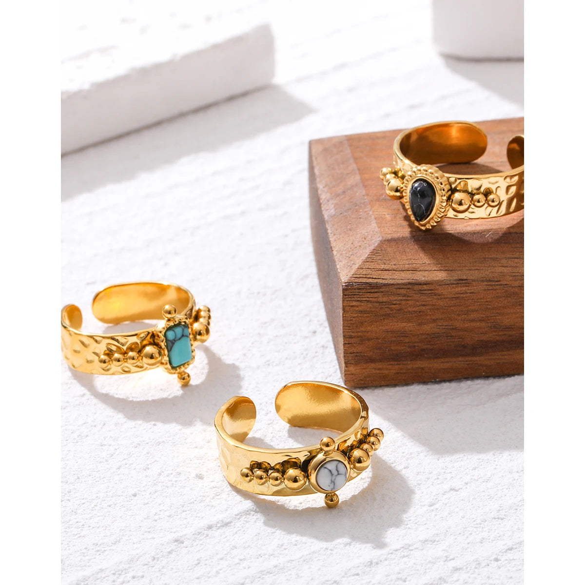 YACHAN Luxury 18K Gold Plated Stainless Steel Rings for Women Black White Blue Natural Stone Trendy Vintage Aesthetic Jewelry