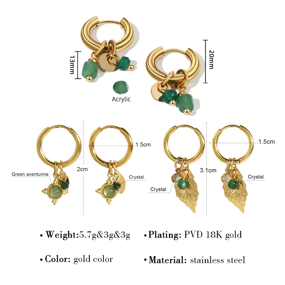 YACHAN 18K Gold Plated Green Natural Stone Stainless Steel Hoop Earrings for Women Luxury Charms Aesthetic Jewelry