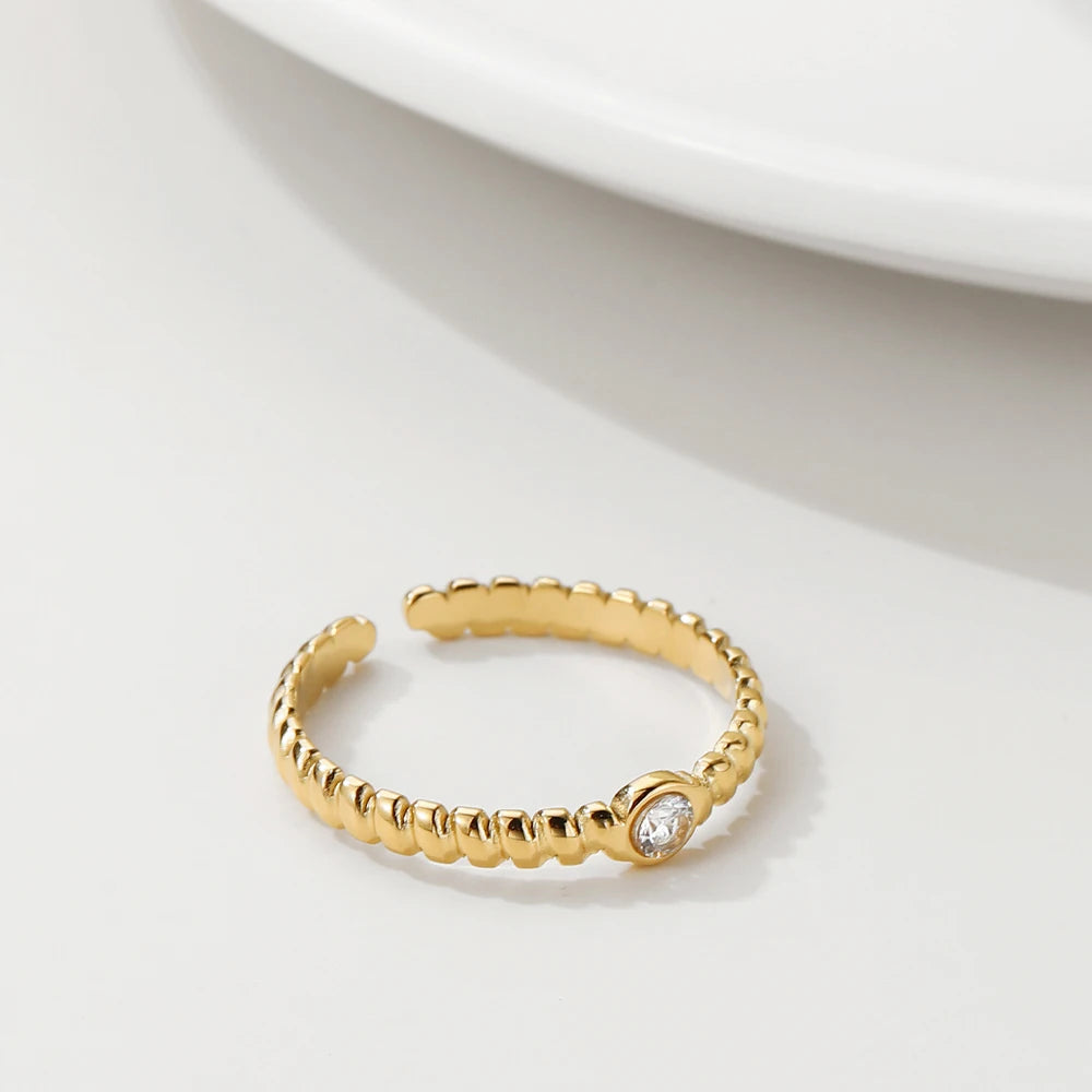 YACHAN Stainless Steel Gold Plated Cubic Zirconia Rings for Women Adjustable Opening Simple Irregular Shape Ring Trendy Jewelry