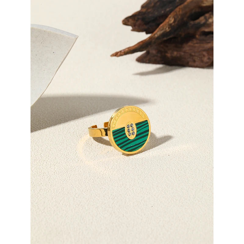 YACHAN 18K Gold Plated Geometric Stainless Steel Rings for Women Shell Malachite Trendy Zircon Luxury Jewelry