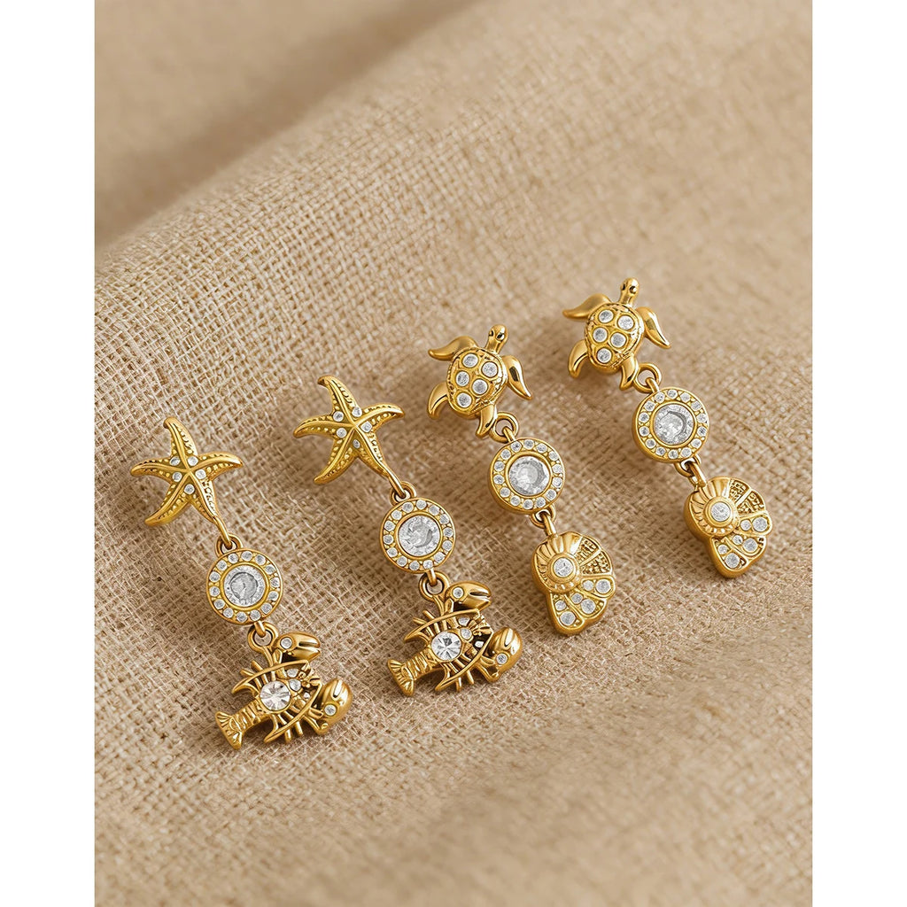 YACHAN 18K PVD Gold Plated Stainless Steel Dangle Earrings for Women Waterproof CZ Starfish Lobster Summer Ocean Beach Jewelry