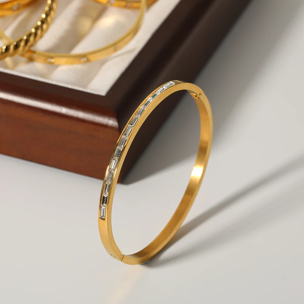YACHAN Luxury 18K Gold Plated Zircon Crystal Stainless Steel Bracelets for Women Trend Simple Bangles Waterproof Jewelry