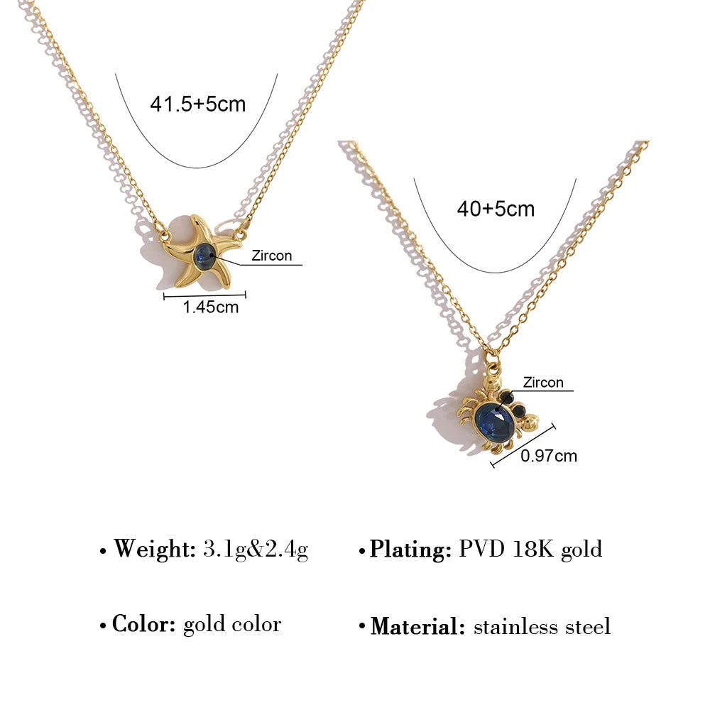 YACHAN 18K Gold Plated Stainless Steel Cute Crab Pendant Necklace for Women Blue CZ Ocean Animal Jewelry Waterproof