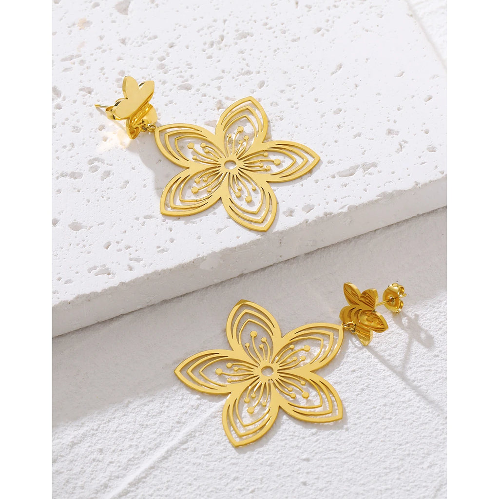 YACHAN PVD 18K Gold Plated Stainless Steel Drop Earrings for Women Vintage Flower Hollow Chic Dangle Earring Jewelry