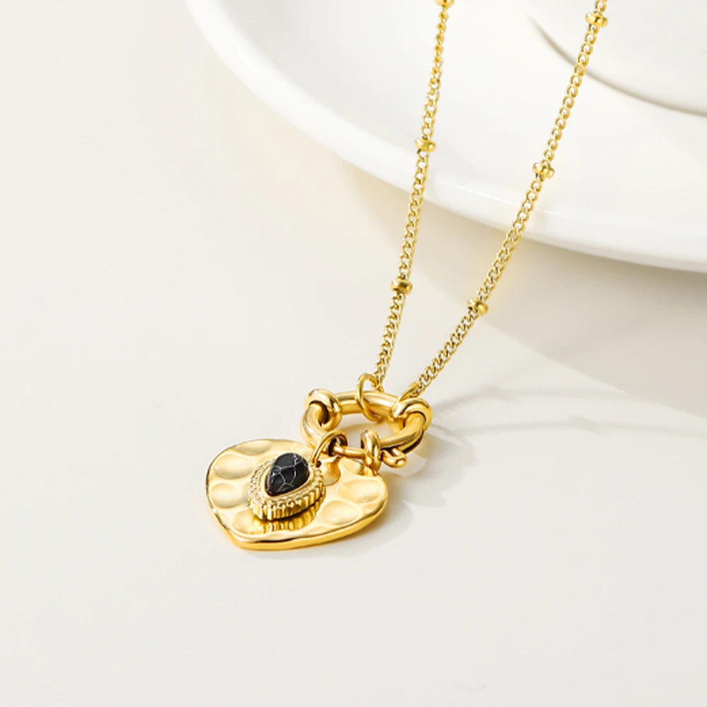 YACHAN Stainless Steel Golden Heart Pendant Necklace Fashion Black Natural Stone Metal Texture Trendy Jewelry for Woman