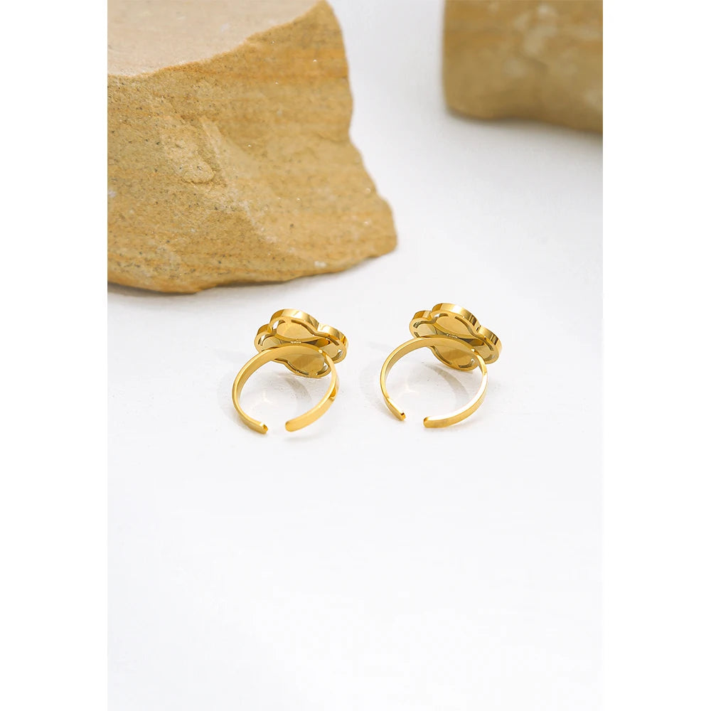 YACHAN Stainless Steel 18K Gold Plated Rings for Women Natural Stone Inlaid in Metal Texture Flowers Trendy Jewelry Gift