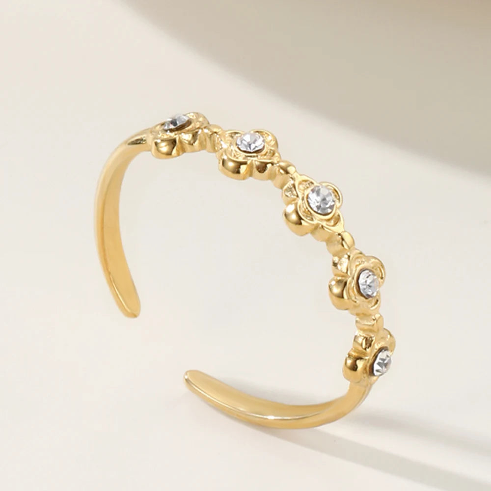 YACHAN Classic Minimalist Floral Zircon Rings for Women Fashion Stainless Steel High Quality Wedding Jewelry