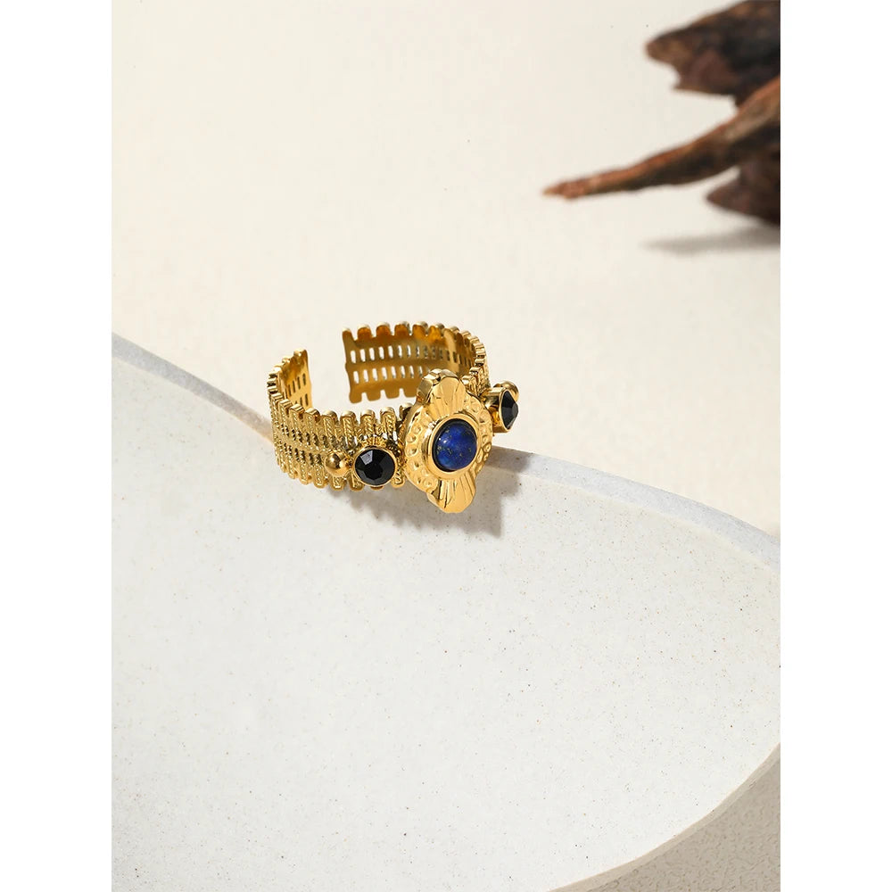 YACHAN Boho Vintage Stainless Steel Rings for Women Pink Natural Stone Lazurite 18K Gold Plated Aesthetic Trend Jewelry