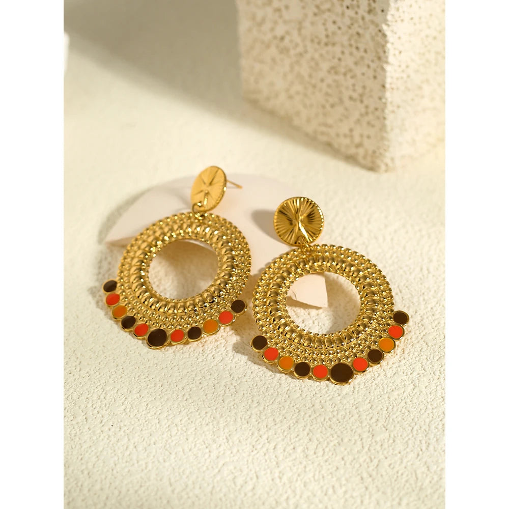 YACHAN PVD 18K Gold-Plated Stainless Steel Drop Earrings for Women Geometric Metal Texture Enamel Trendy Jewelry
