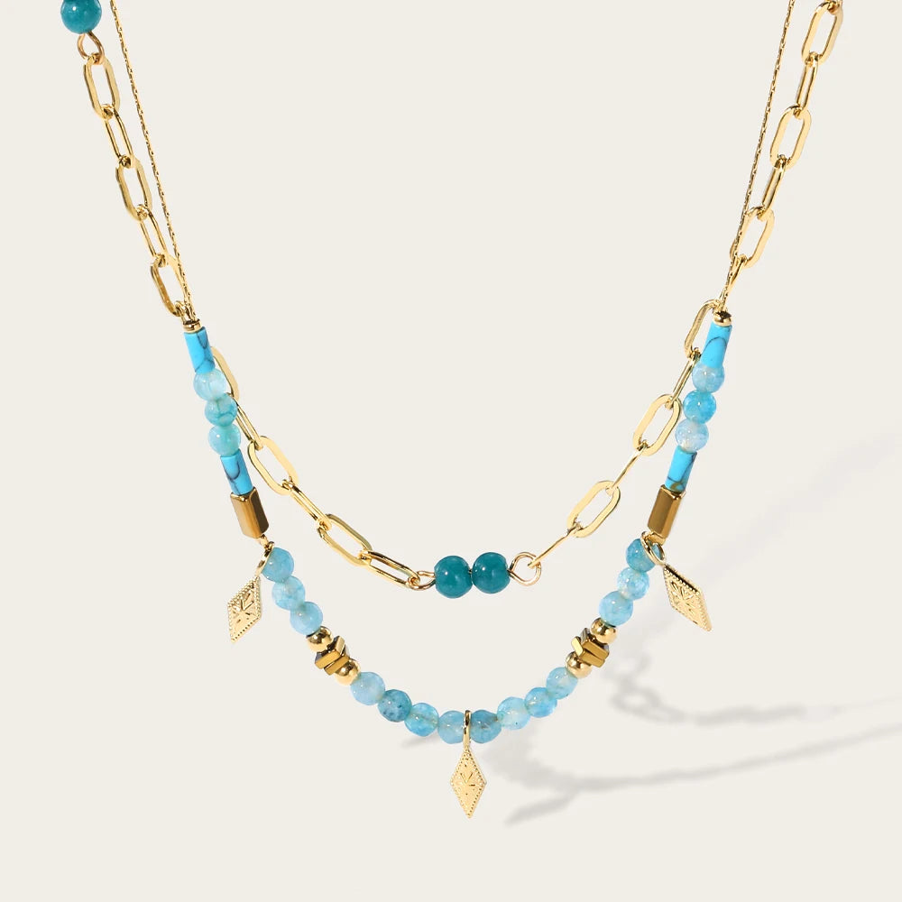 YACHAN Boho Blue Acrylic Bead Layered Necklace for Women Vintage Charms Stainless Steel Jewelry