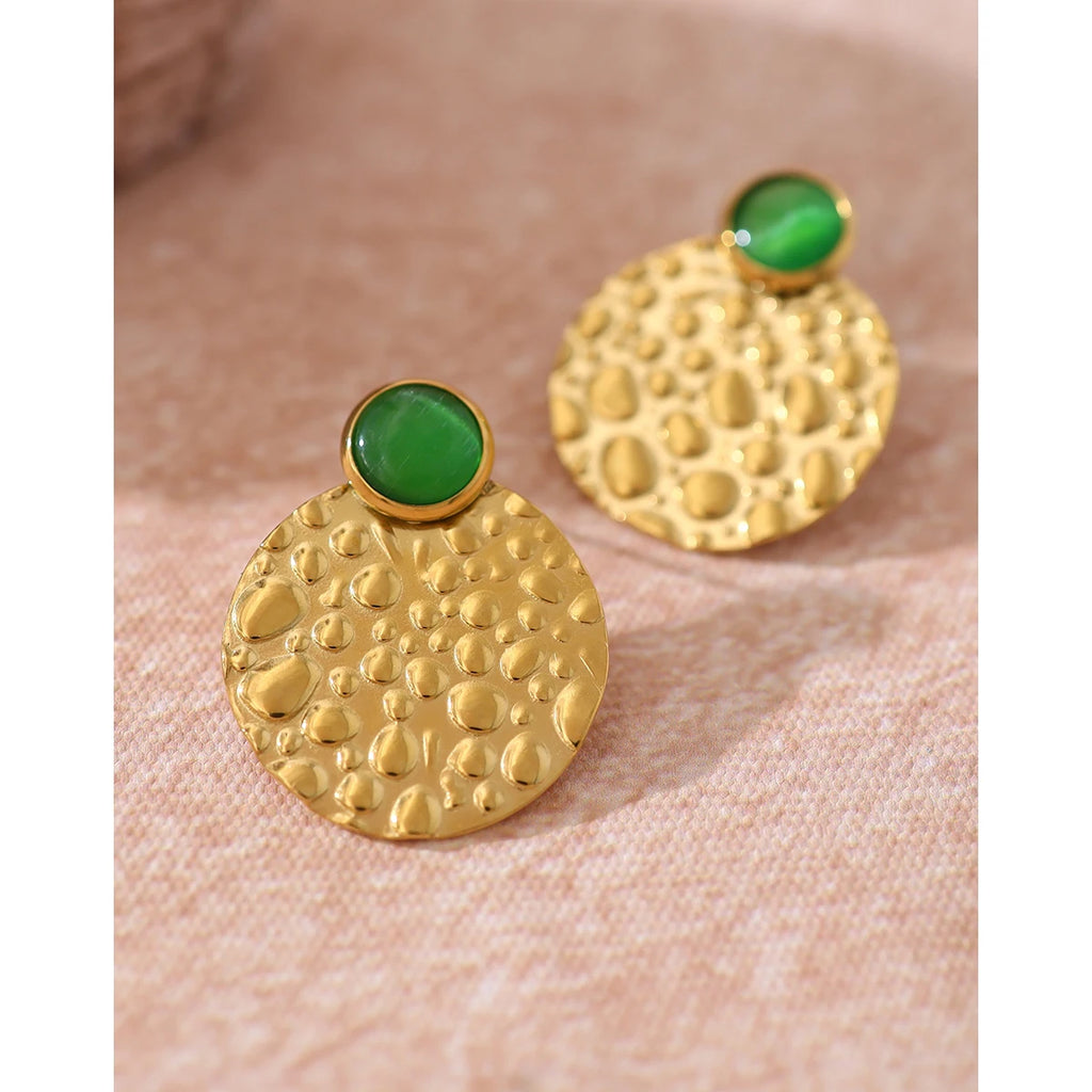 YACHAN Luxury Green Opal Stainless Steel Stud Earrings for Women with Irregular Metal Texture Chic Trendy Jewelry