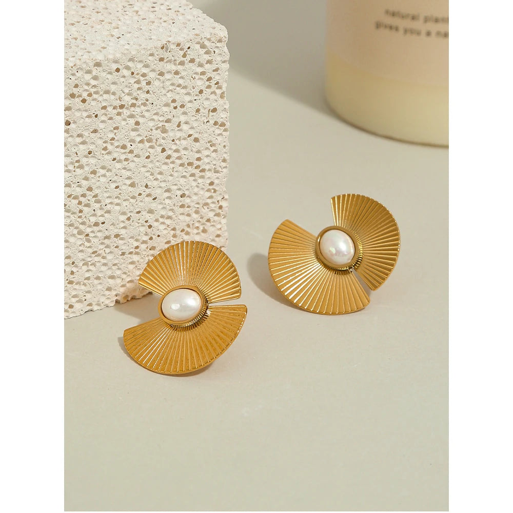 YACHAN Stainless Steel Big Stud Earrings for Women Imitation Pearl Flowers Hyperbolic Metal 18K Gold Plated Trendy Jewelry Gift