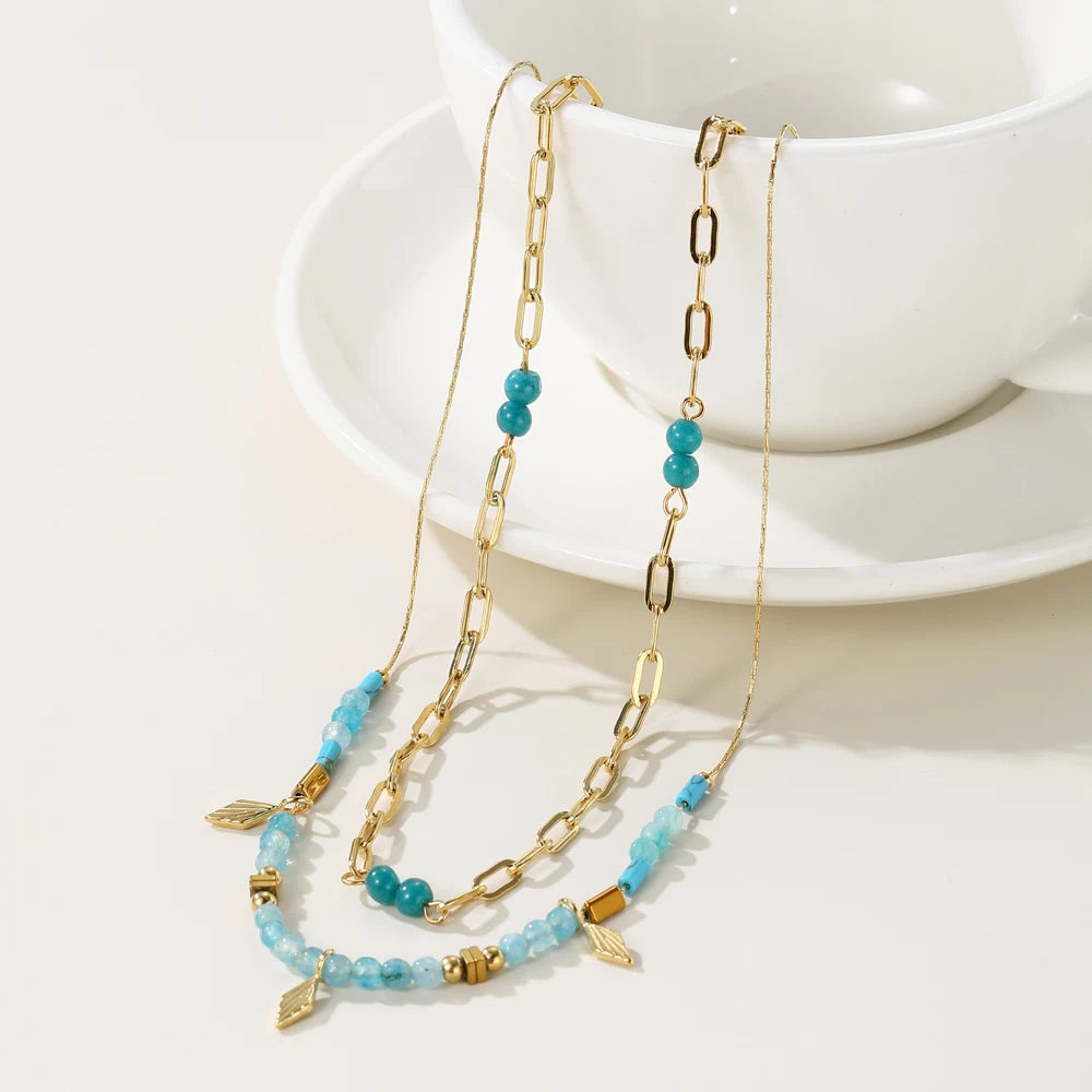 YACHAN Boho Blue Acrylic Bead Layered Necklace for Women Vintage Charms Stainless Steel Jewelry