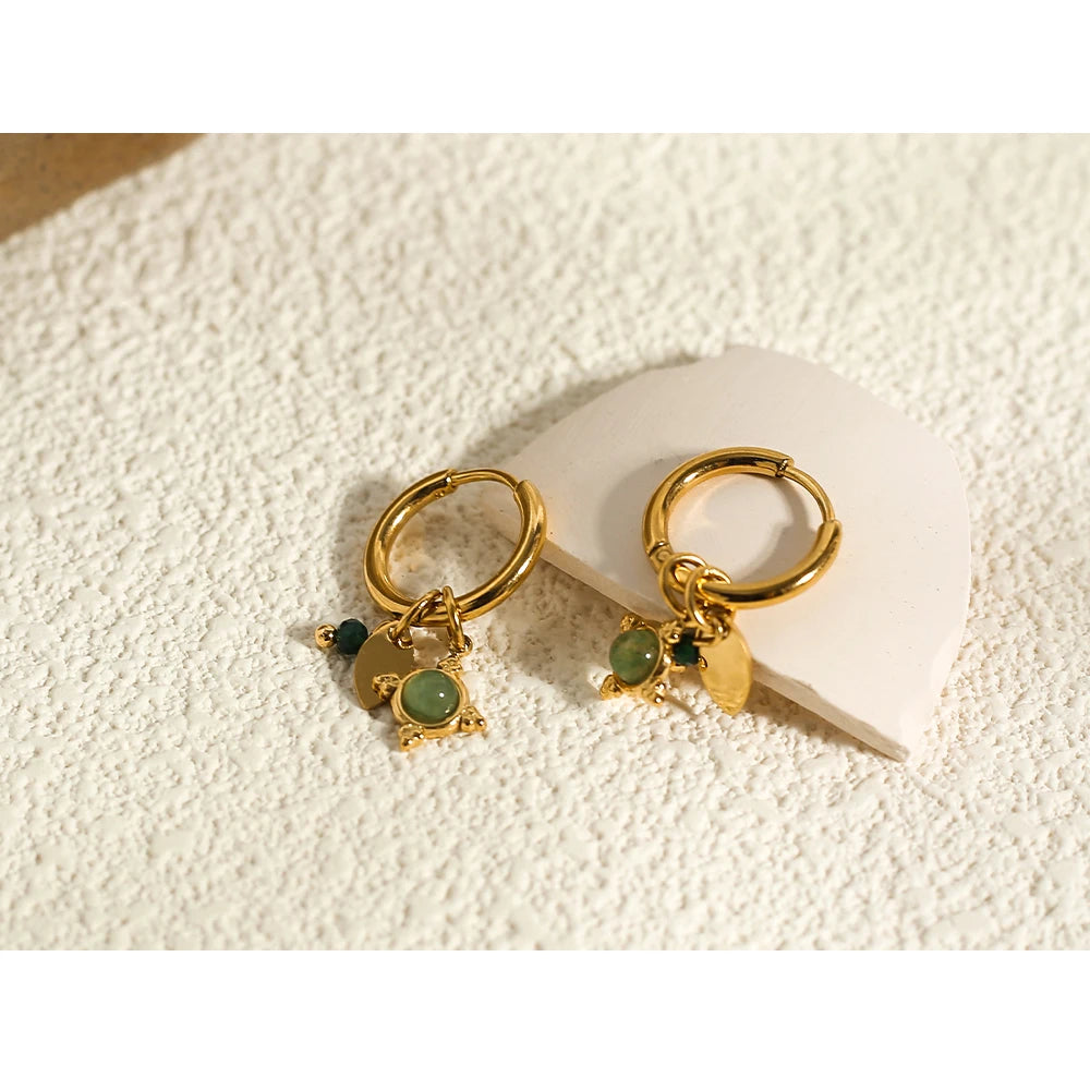 YACHAN 18K Gold Plated Stainless Steel Hoop Earrings for Women Luxury Green Natural Stone Charms Aesthetic Jewelry