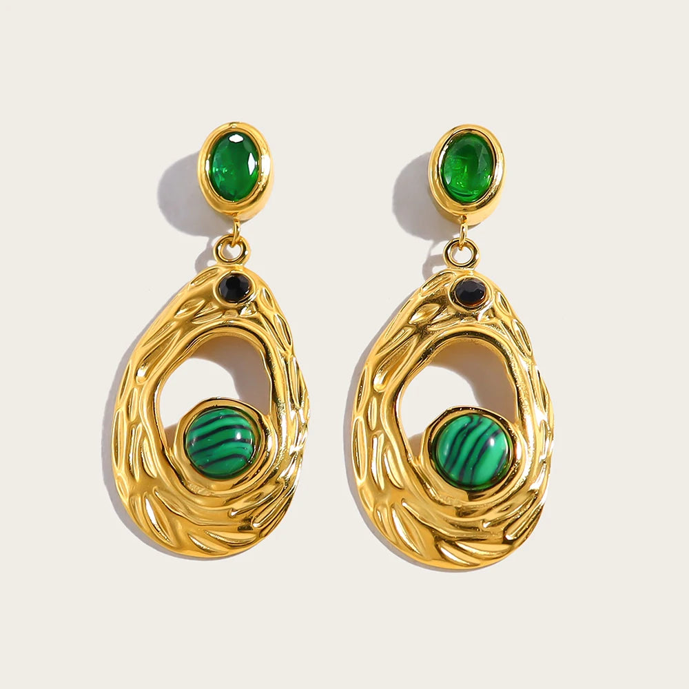 YACHAN Stainless Steel Luxury Green Stone Zircon Drop Earrings for Women Irregular Dangle Earring Aesthetic Jewelry