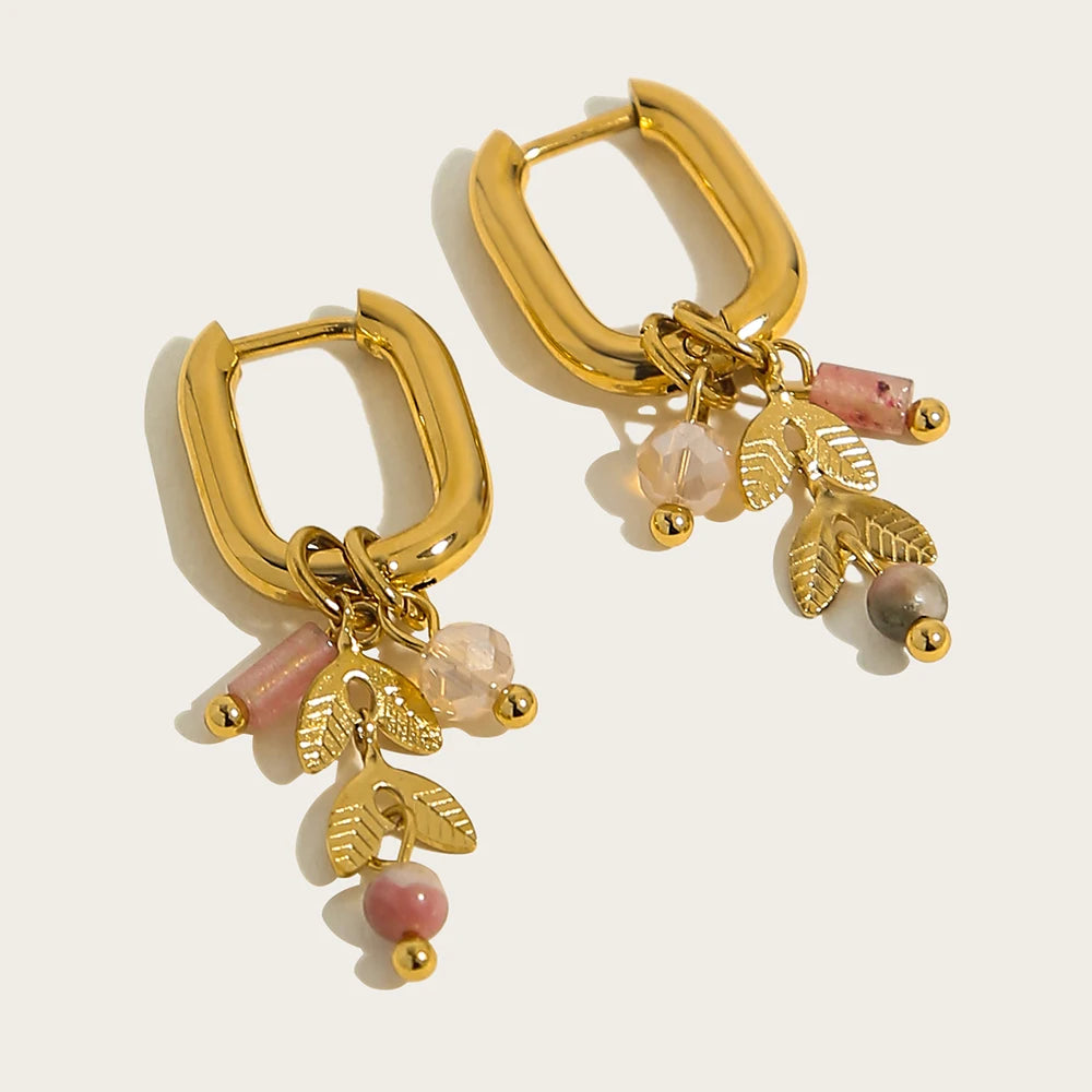 YACHAN 18K Gold Plated Stainless Steel Hoop Earrings for Women Metal Irregular Texture Natural Stone Charms Trendy Jewelry