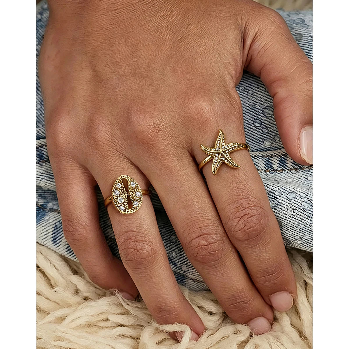 YACHAN 18K Gold Plated Starfish Rings for Women Waterproof Stainless Steel Adjustable Open Ring Ocean Beach Trendy Jewelry