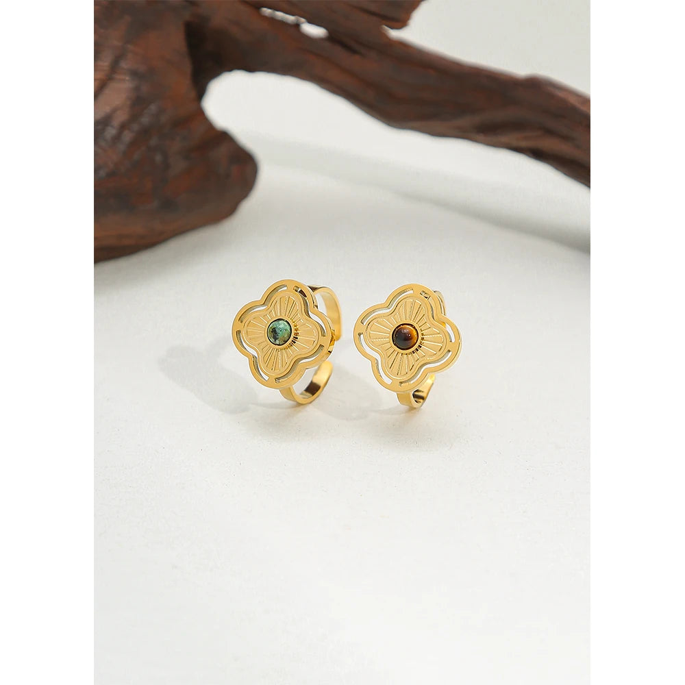YACHAN Stainless Steel 18K Gold Plated Rings for Women Natural Stone Inlaid in Metal Texture Flowers Trendy Jewelry Gift