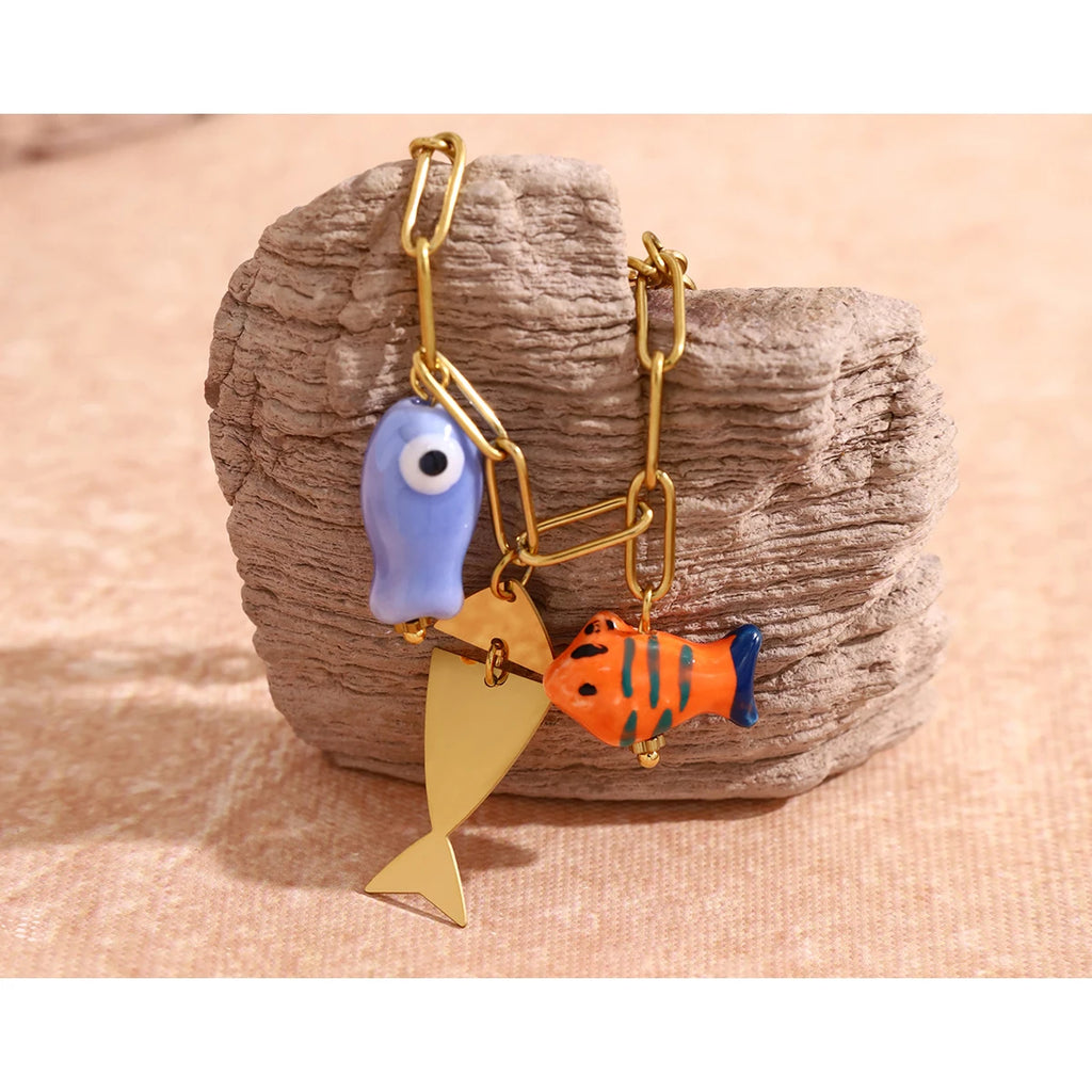 YACHAN Ocean Charms Stainless Steel Bracelet for Women Individual Ceramic Fish Pendants 18K Gold Plated Waterproof Jewelry