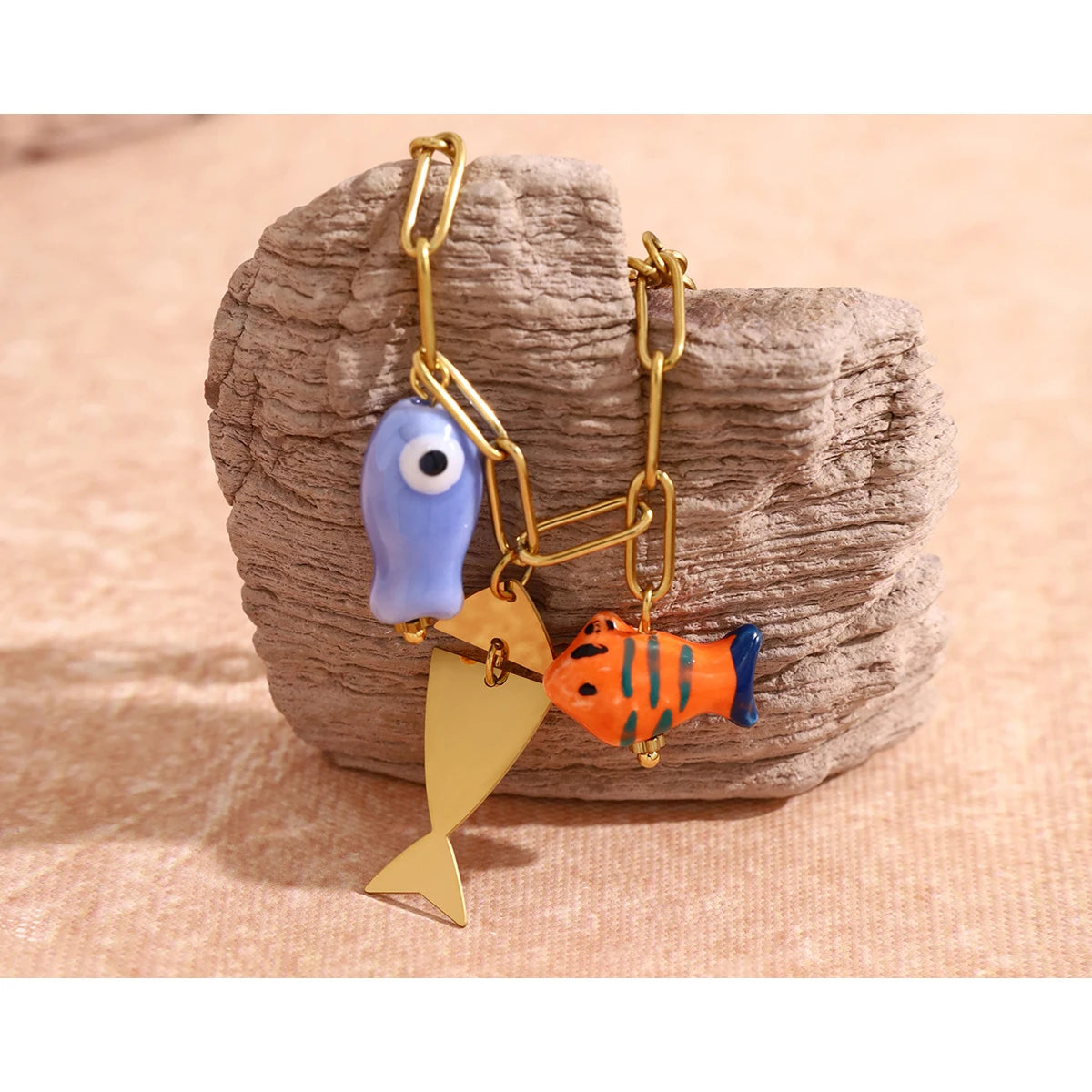 YACHAN Ocean Charms Stainless Steel Bracelet for Women Individual Ceramic Fish Pendants 18K Gold Plated Waterproof Jewelry