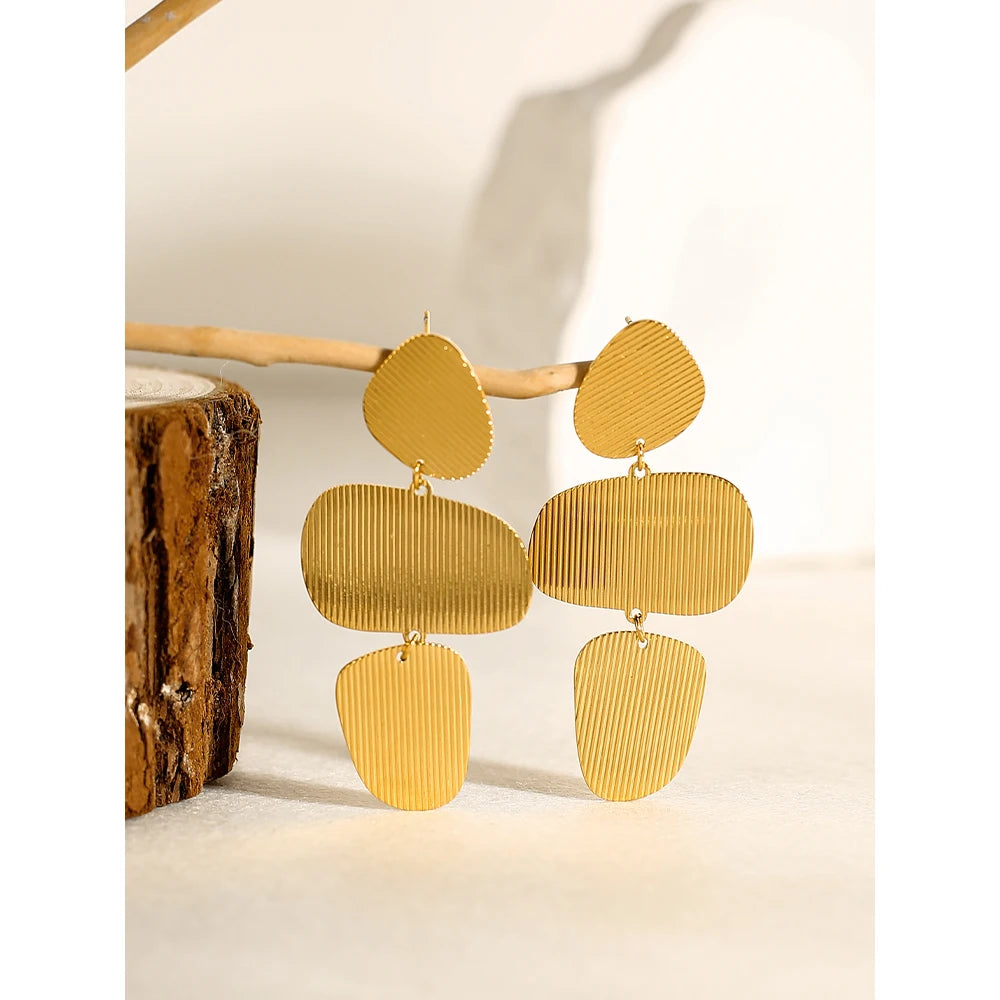 YACHAN 18K Gold Plated Stainless Steel Drop Earrings for Women Striped Metal Texture Irregular Dangle Earring Trendy Jewelry
