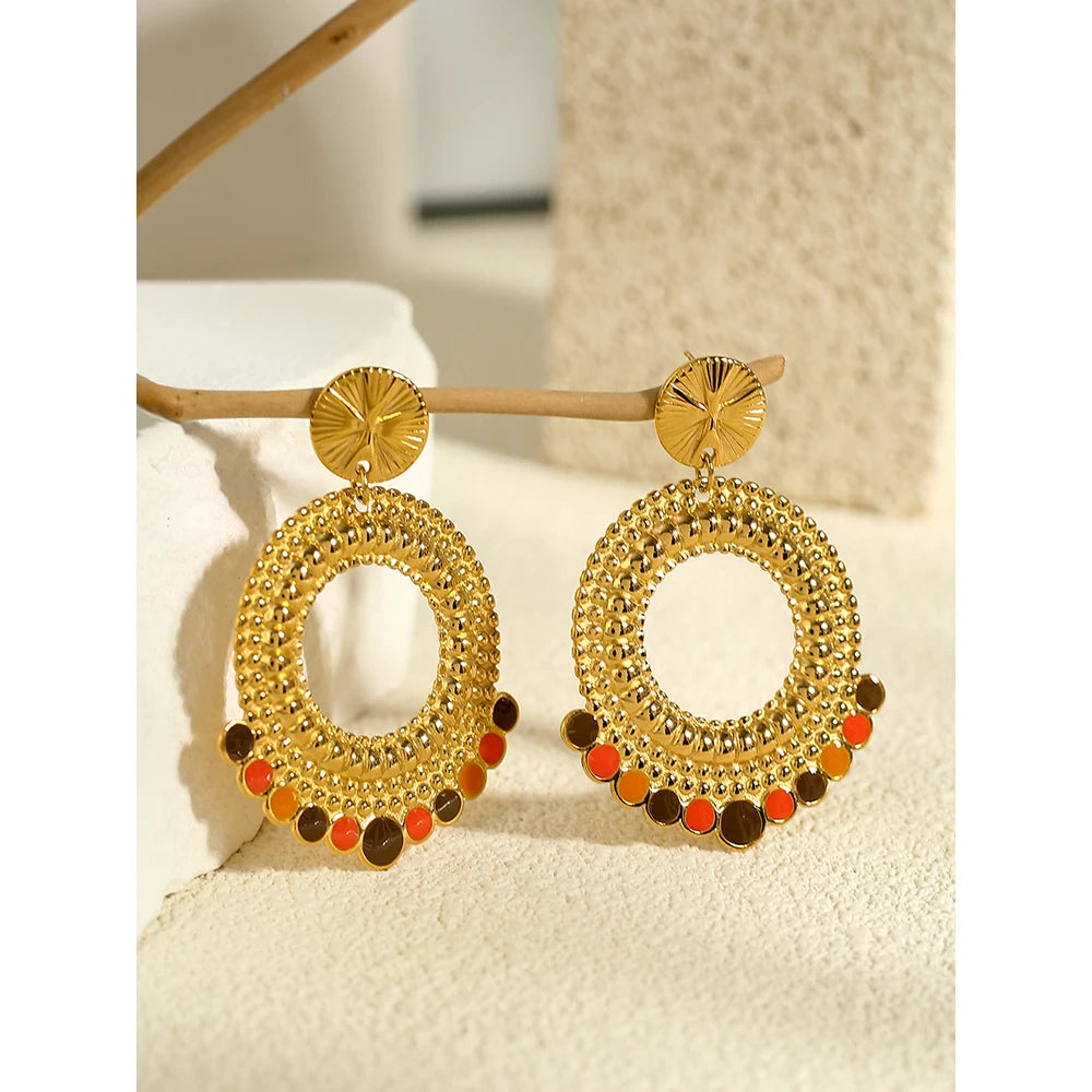 YACHAN PVD 18K Gold-Plated Stainless Steel Drop Earrings for Women Geometric Metal Texture Enamel Trendy Jewelry