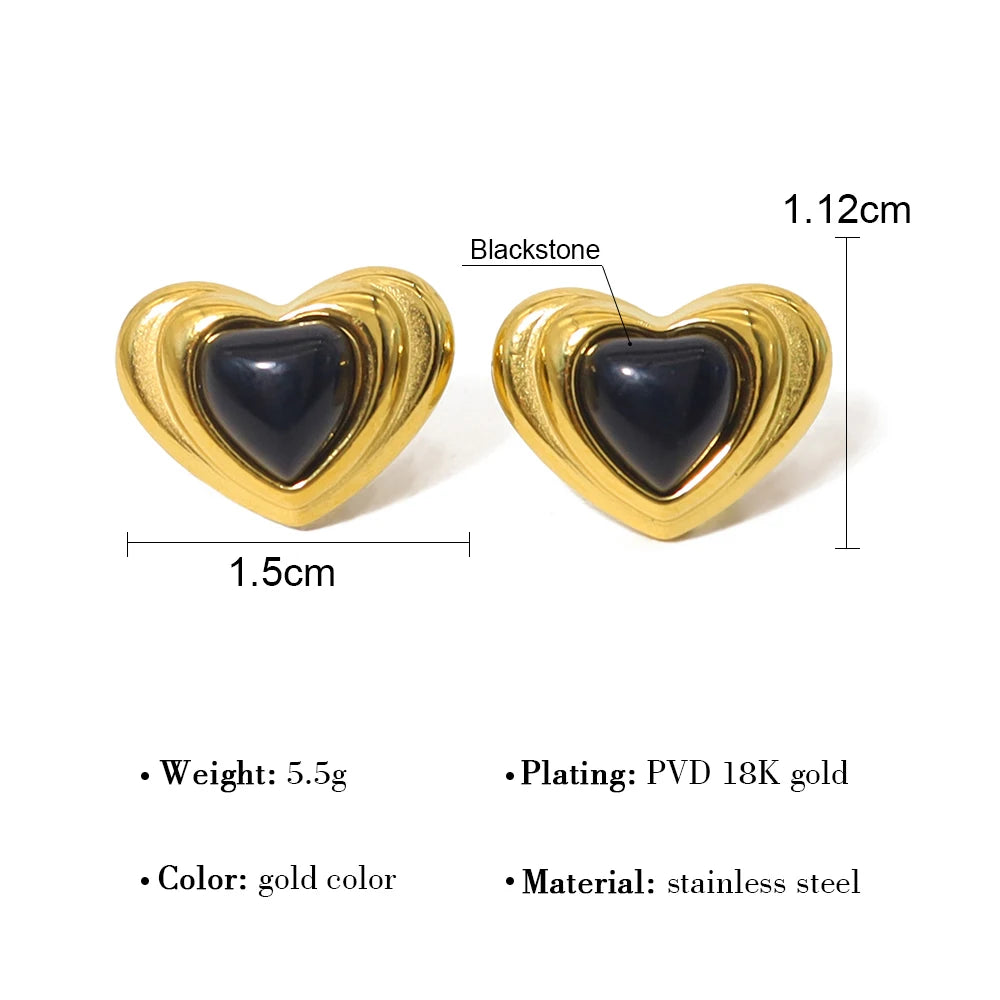 YACHAN New in Black Stone Heart Stainless Steel Stud Earrings for Women Trendy Simple Classic Piercing Earring Jewelry