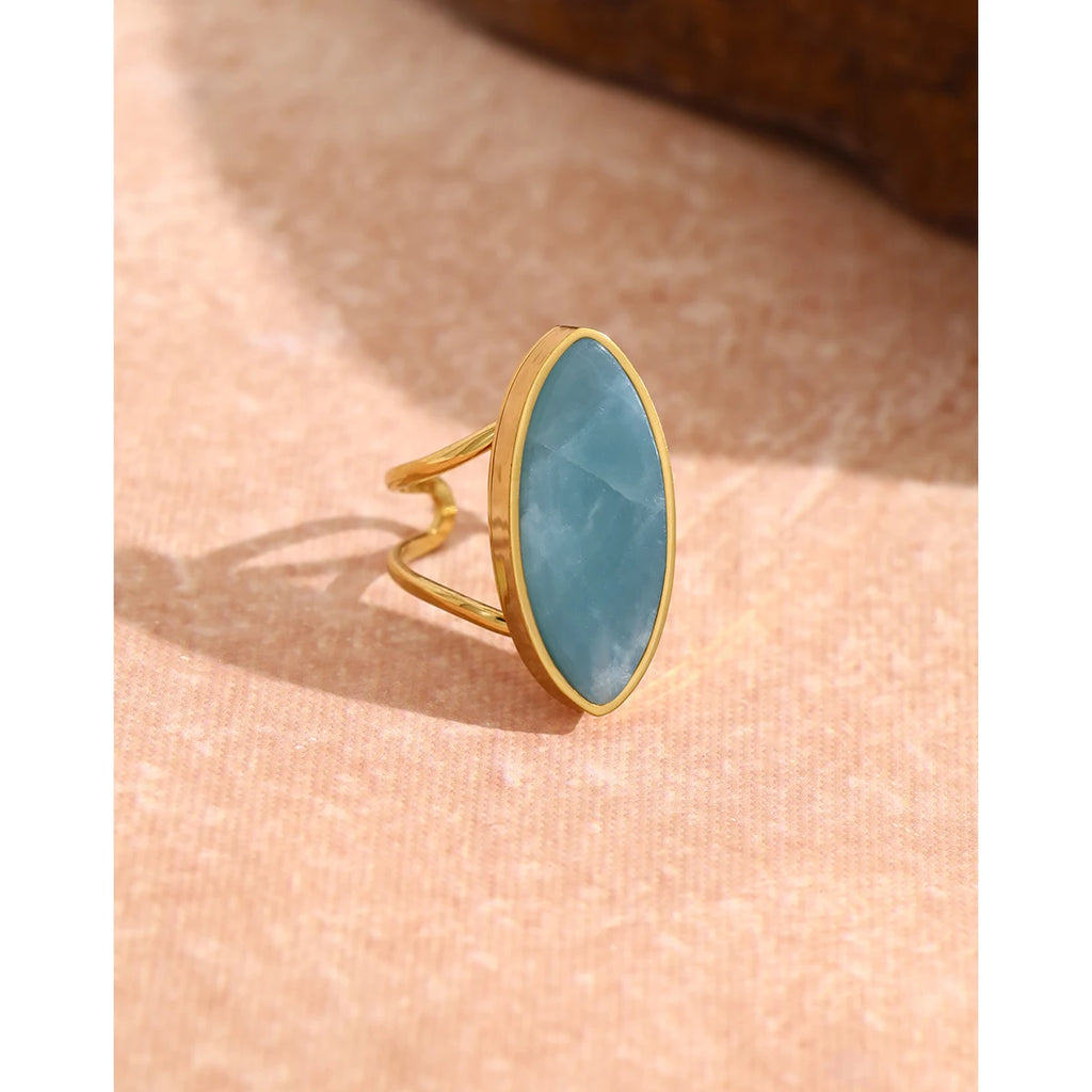 YACHAN Vintage Luxury Natural Stone Stainless Steel Ring for Women Blue Charm 18K Gold Plated Trendy Waterproof Jewelry