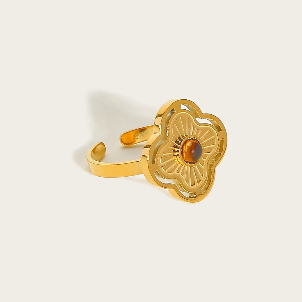 YACHAN Stainless Steel 18K Gold Plated Rings for Women Natural Stone Inlaid in Metal Texture Flowers Trendy Jewelry Gift
