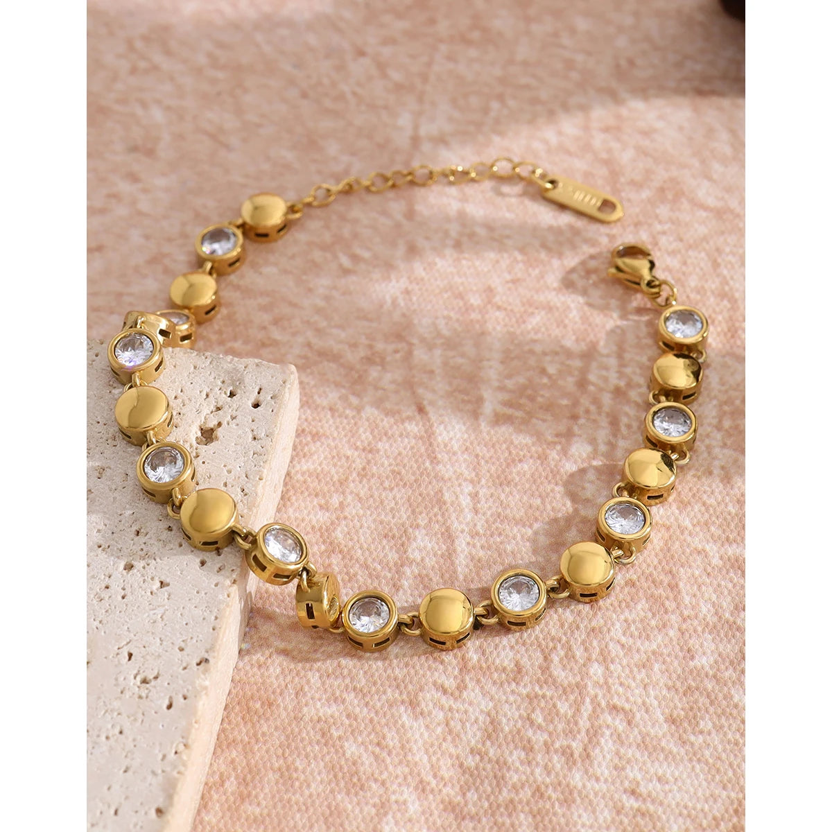 YACHAN Luxury Cubic Zirconia Stainless Steel Beaded Bracelet for Women Exquisite Chic 18K Gold Plated Waterproof Jewelry