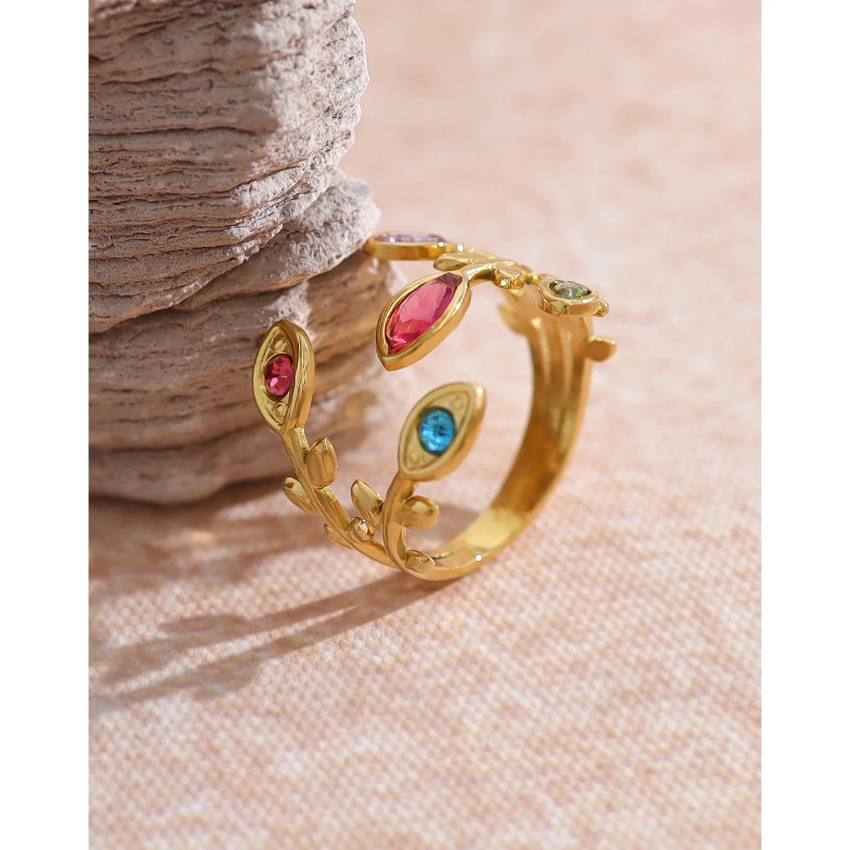 YACHAN Luxury Colorful Crystal Stainless Steel Ring for Women Chic 18K Gold Plated Trendy Jewelry Waterproof