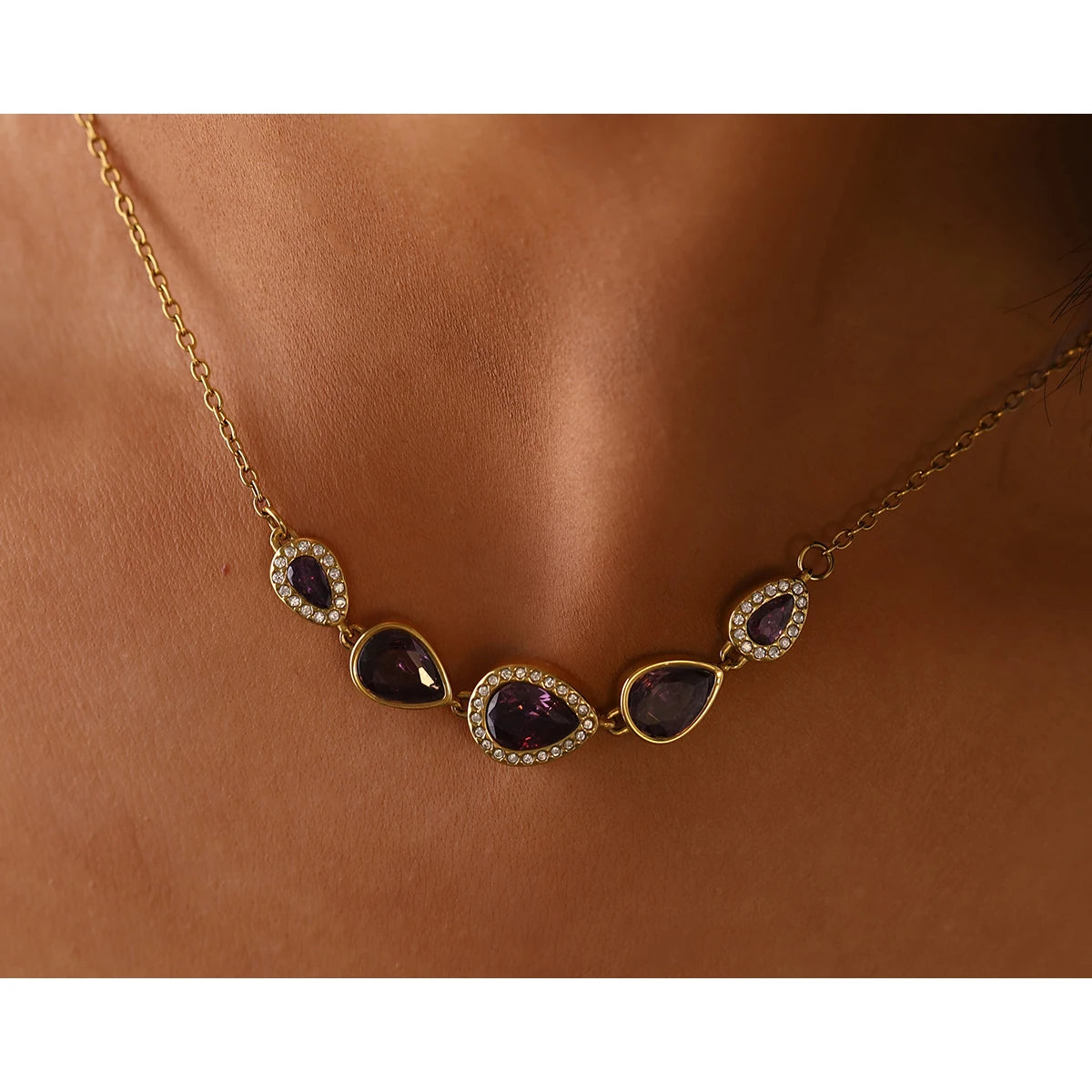 YACHAN Luxury Purple Zircon Crystal Stainless Steel Necklaces for Women Chic Vintage 18K Gold Plated Trendy Waterproof Jewelry