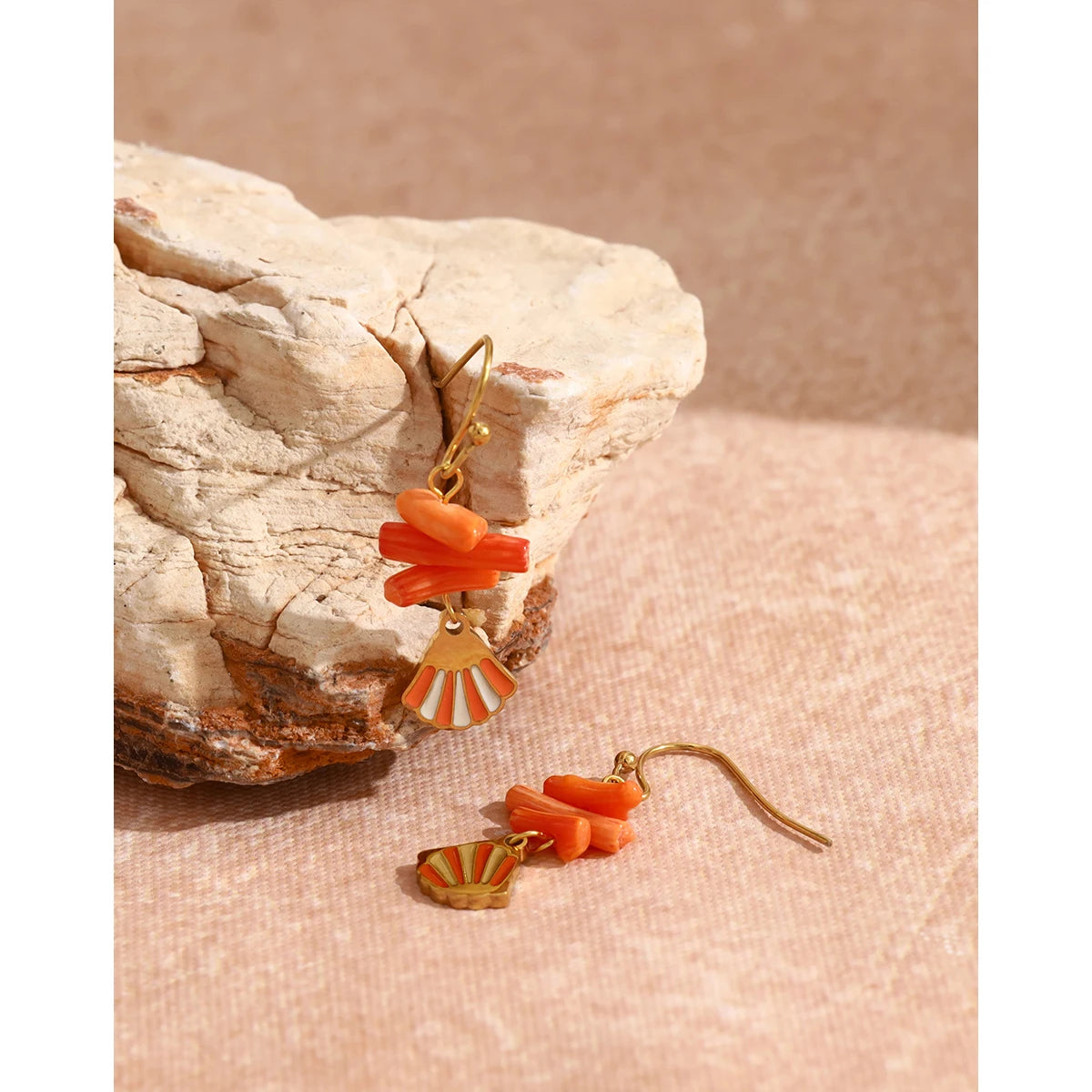YACHAN New in Trendy Stainless Steel Shell Charm Earrings for Women Vintage Chic Orange Coral 18K Gold Plated Waterproof Jewelry