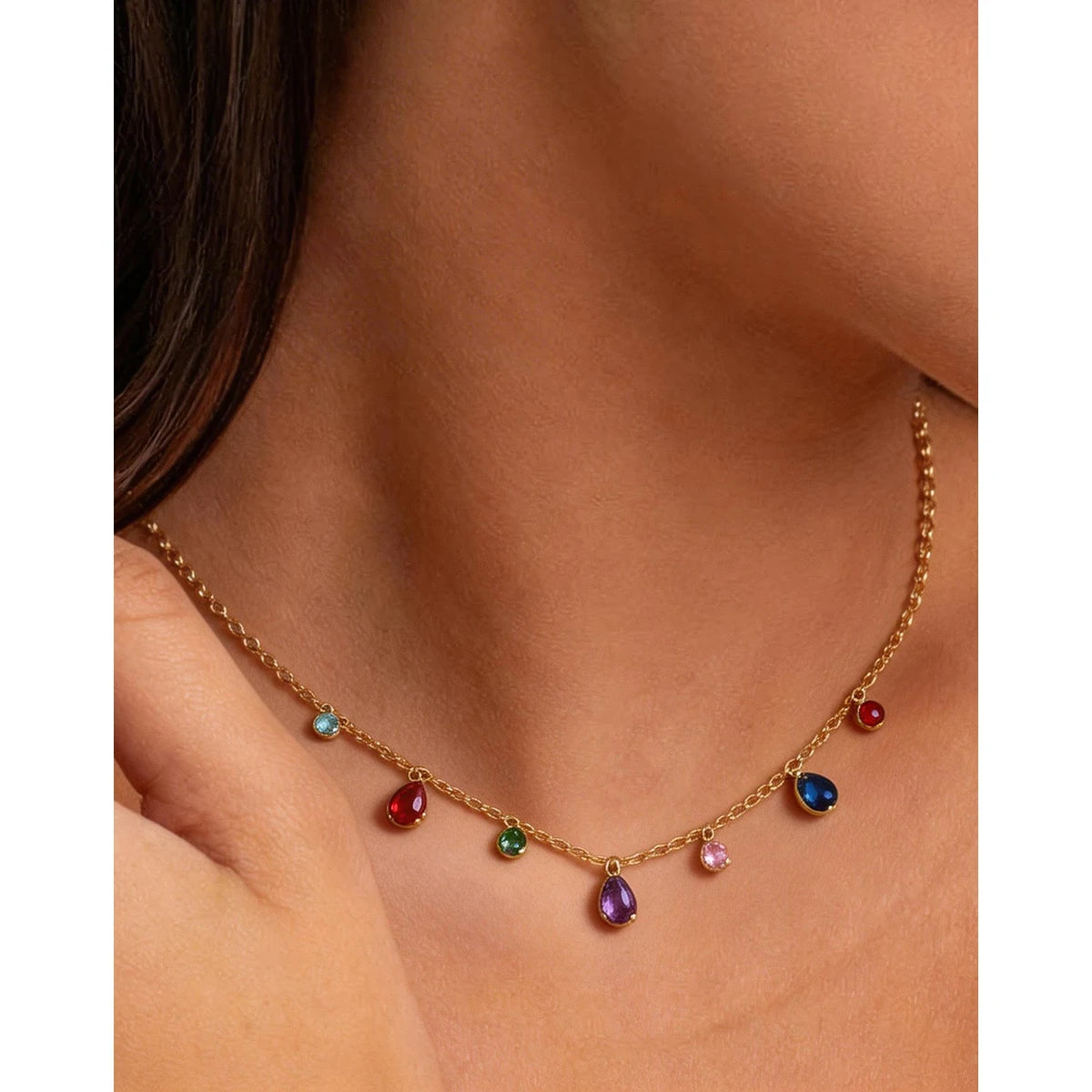 YACHAN Colorful Zircon Crystal Charm Stainless Steel Necklace for Women Chic Luxury Vintage 18K Gold Plated Jewelry