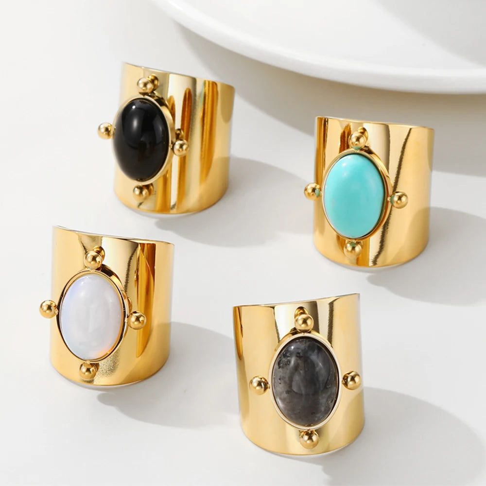 YACHAN Water Proof Stainless Steel Glossy Ring for Women Green Natural Stone Opening Gold Plated Rope Rings Trendy Jewelry Gift