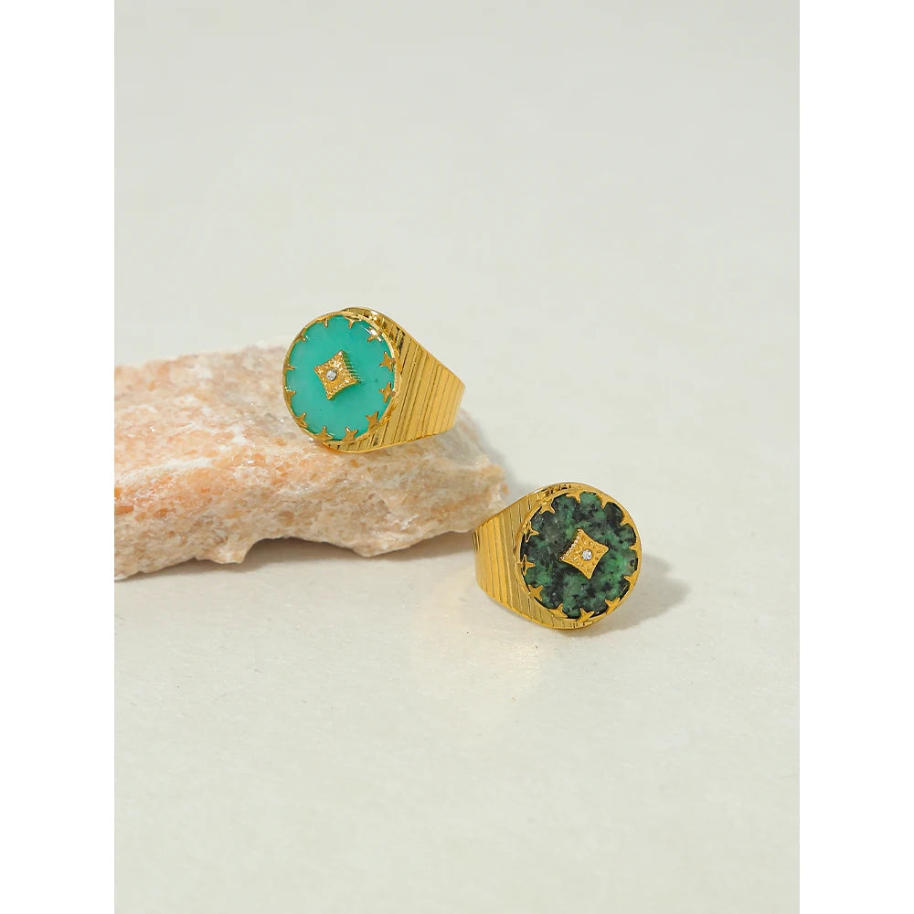 YACHAN 18K Gold-Plated Vintage Stainless Steel Rings for Women Natural Stone African Turquoise Waterproof Trendy Jewelry