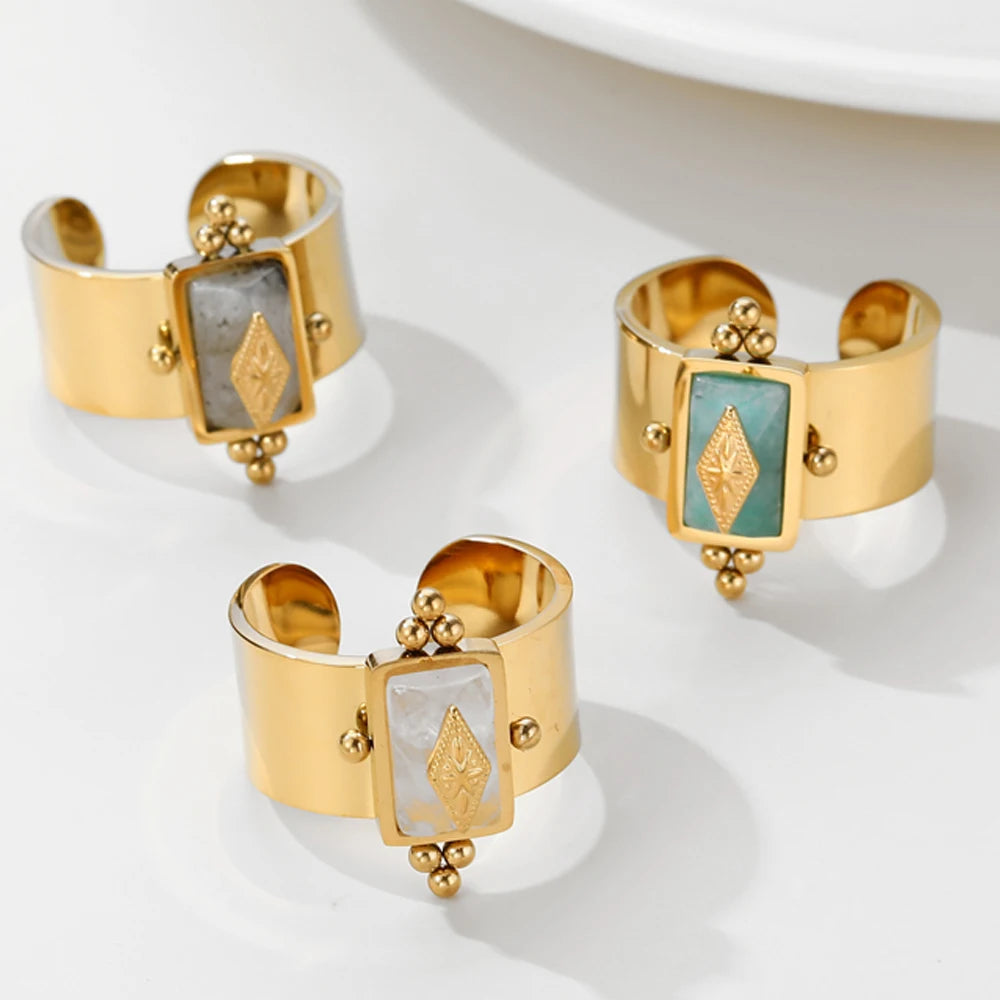 YACHAN Water Proof Natural Stone Stainless Steel Gold Plated Wide Rings for Women Finger Adjustable Open Ring Vintage Jewelry