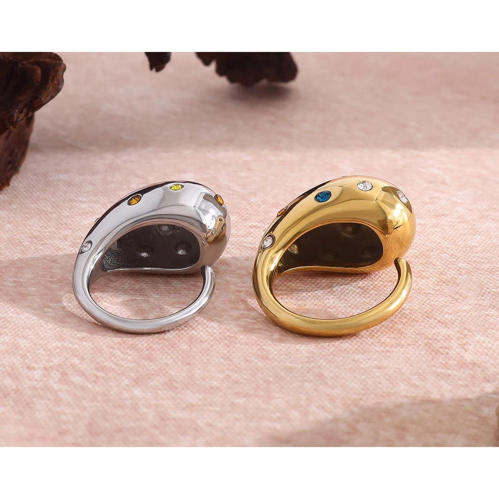 YACHAN 18K Gold Plated Glossy Chunky Stainless Steel Rings for Women Chic Colorful Crystal Statement Jewelry