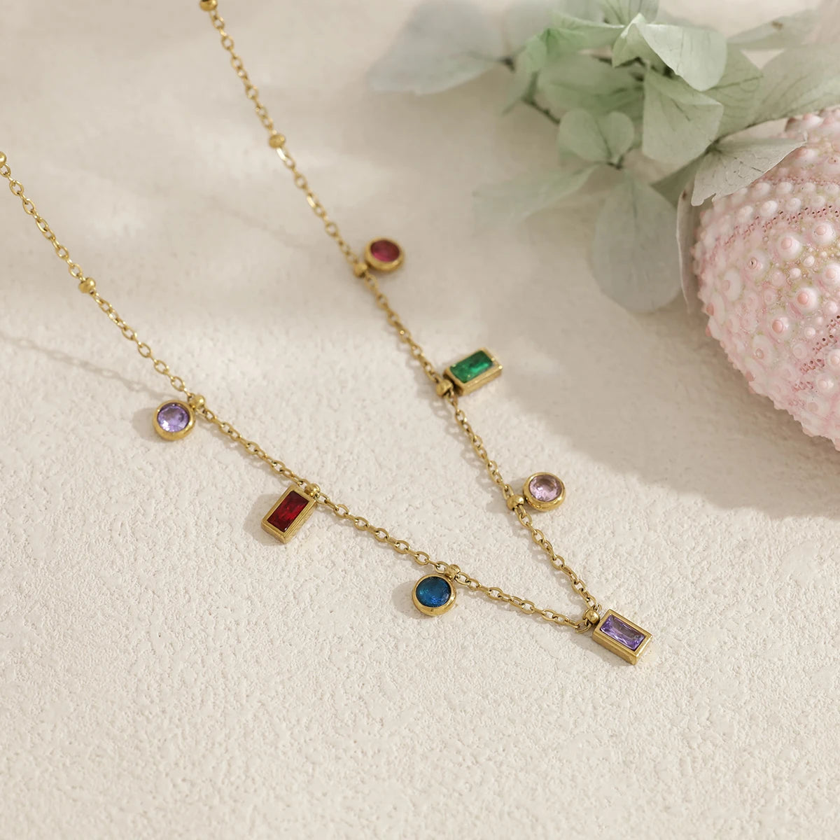 YACHAN Colorful Zircon Crystal Charm Stainless Steel Necklace for Women Chic Luxury Vintage 18K Gold Plated Jewelry