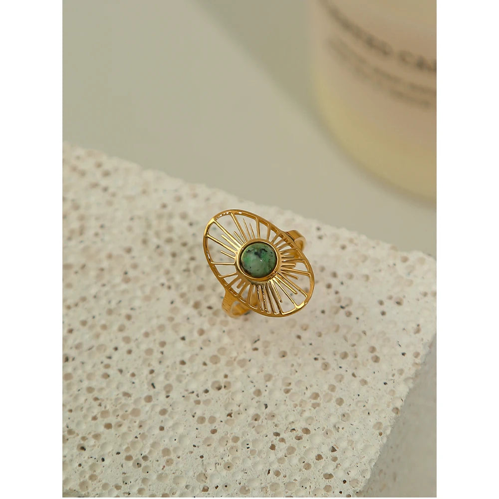 YACHAN Stainless Steel 18 K Gold Plated Sun Rings for Women Natural Stone Inlaid in Hollow Metal Texture Ring Trendy Jewelry