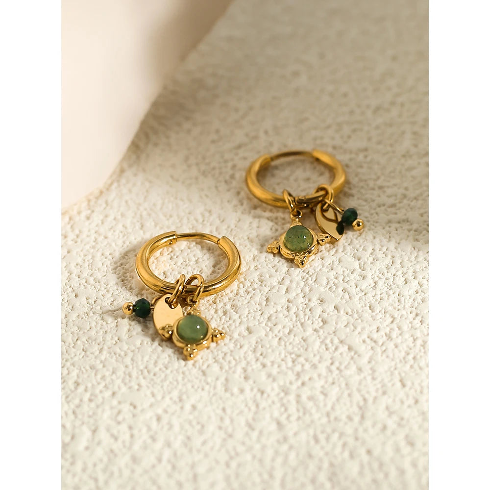 YACHAN 18K Gold Plated Stainless Steel Hoop Earrings for Women Luxury Green Natural Stone Charms Aesthetic Jewelry