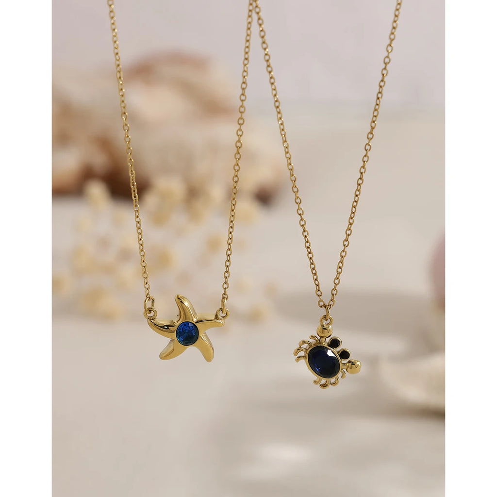 YACHAN 18K Gold Plated Stainless Steel Cute Crab Pendant Necklace for Women Blue CZ Ocean Animal Jewelry Waterproof