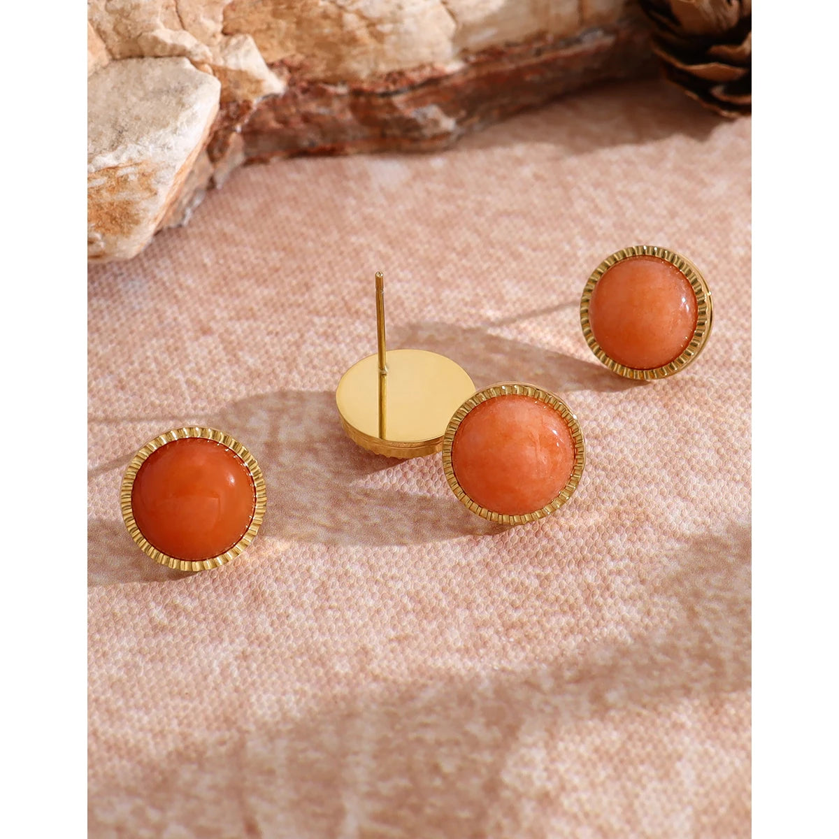 YACHAN Minimalist Geometric round Small Stud Earrings for Women Luxury Vintage Orange Natural Stone Stainless Steel Jewelry
